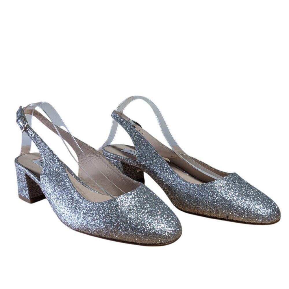 LK Bennett Womens Chloe Silver Sparkly Slingback Block Heels Size EU 39.5 US 9.5